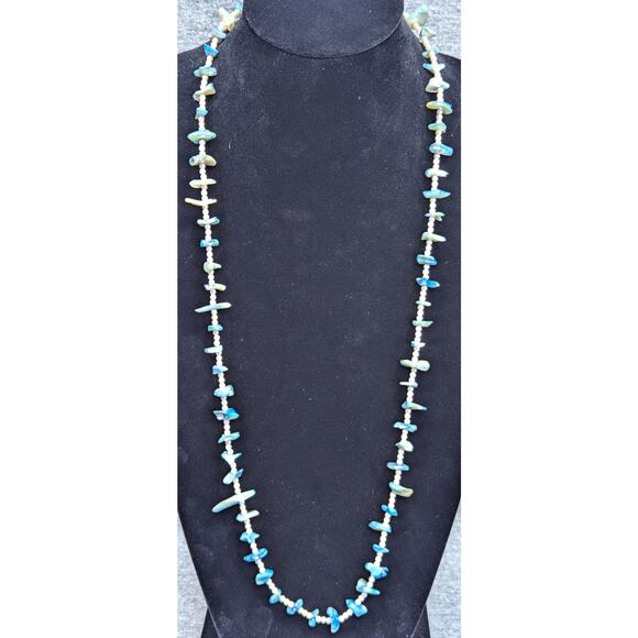 Long Faux Pearl Necklace, Dyed Blue, 34" Continuous Loop, No Clasp, UV Reactive - Picture 1 of 4